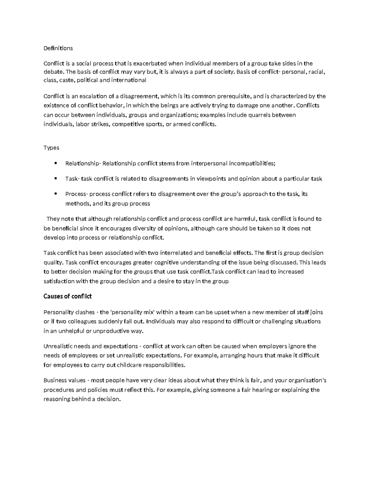 Conflict notes - Definitions Conflict is a social process that is ...
