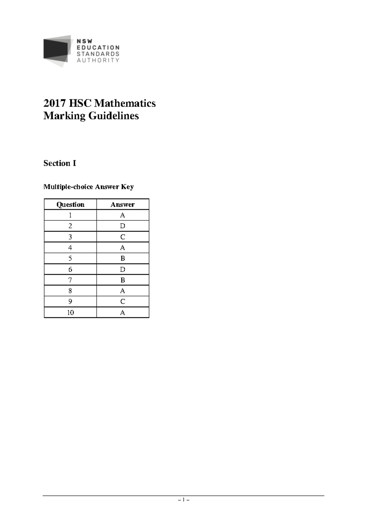 Maths 2017 HSC Marking Guidelines 2017 HSC Mathematics Marking Guidelines Section I Studocu
