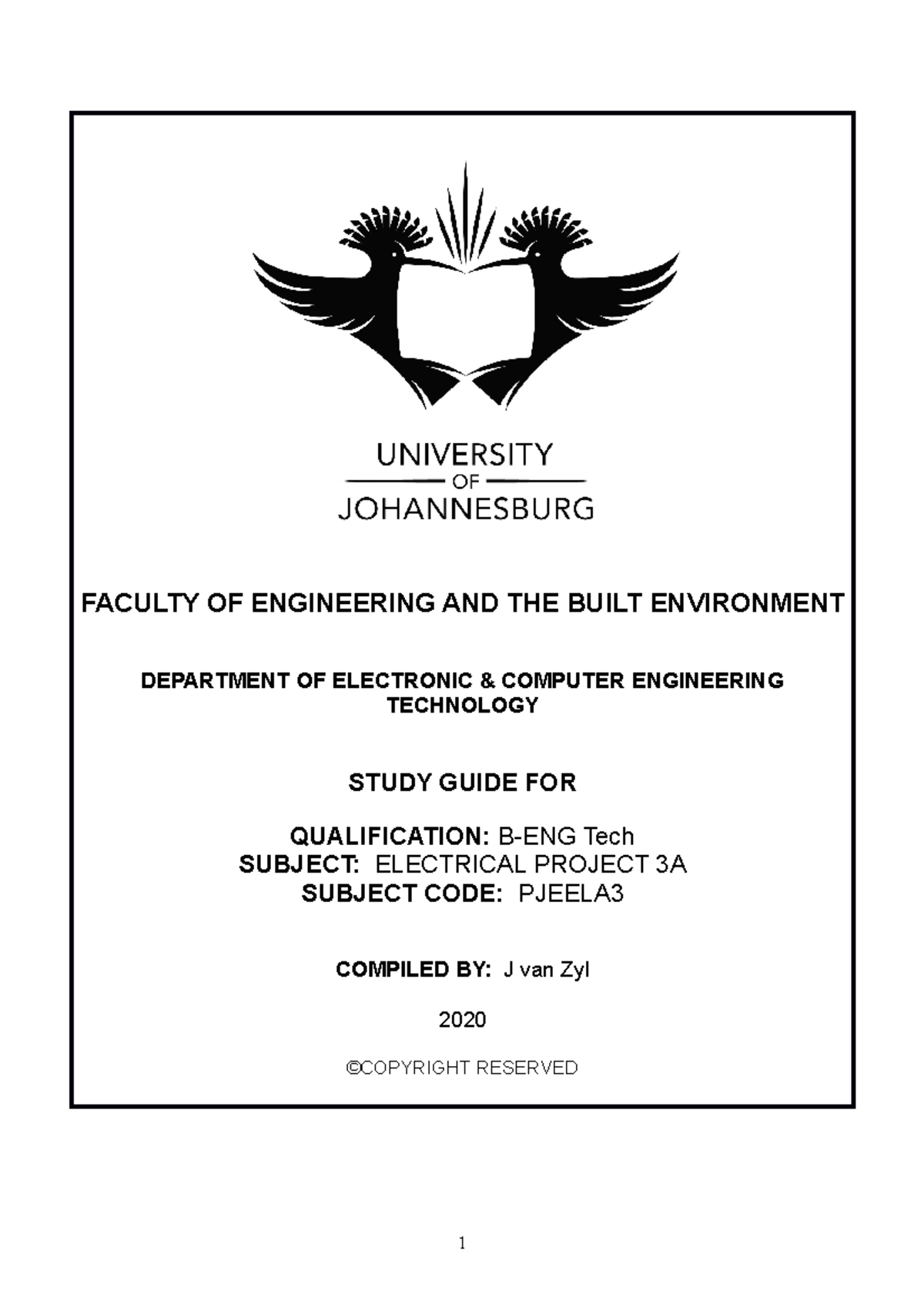 Pjeel 3A Electrical Project 3A Study Guide 2020 - FACULTY OF ...