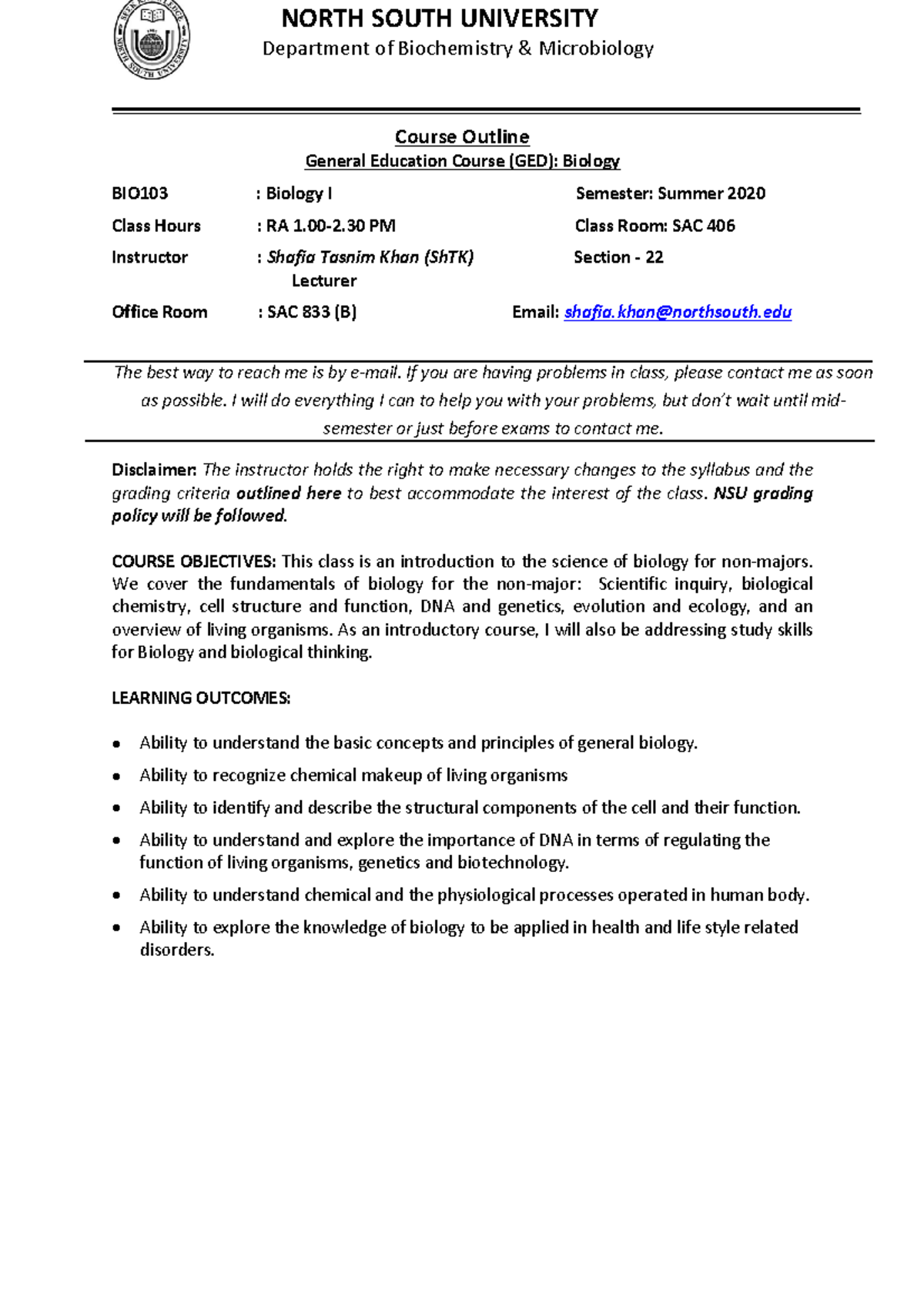 Course outline BIO103 - NORTH SOUTH UNIVERSITY Department of ...