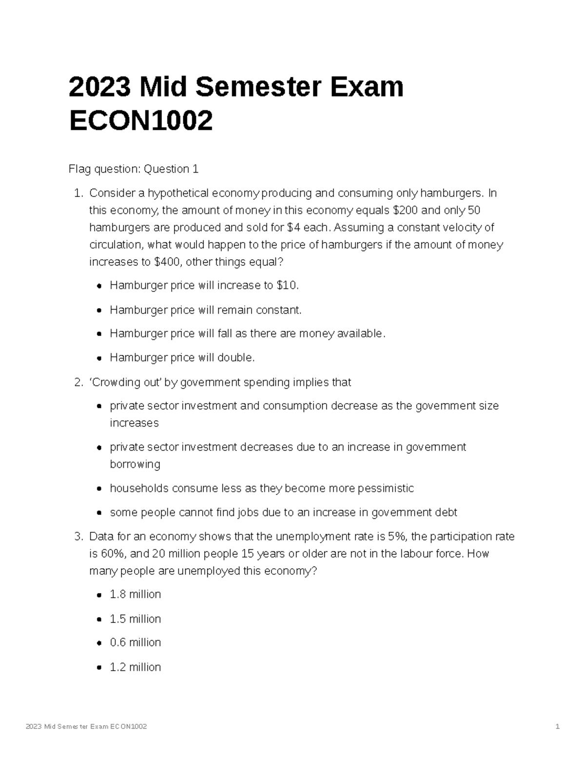 2023 Mid Semester 2 Exam ECON1002 - 2023 Mid Semester Exam ECON Flag ...