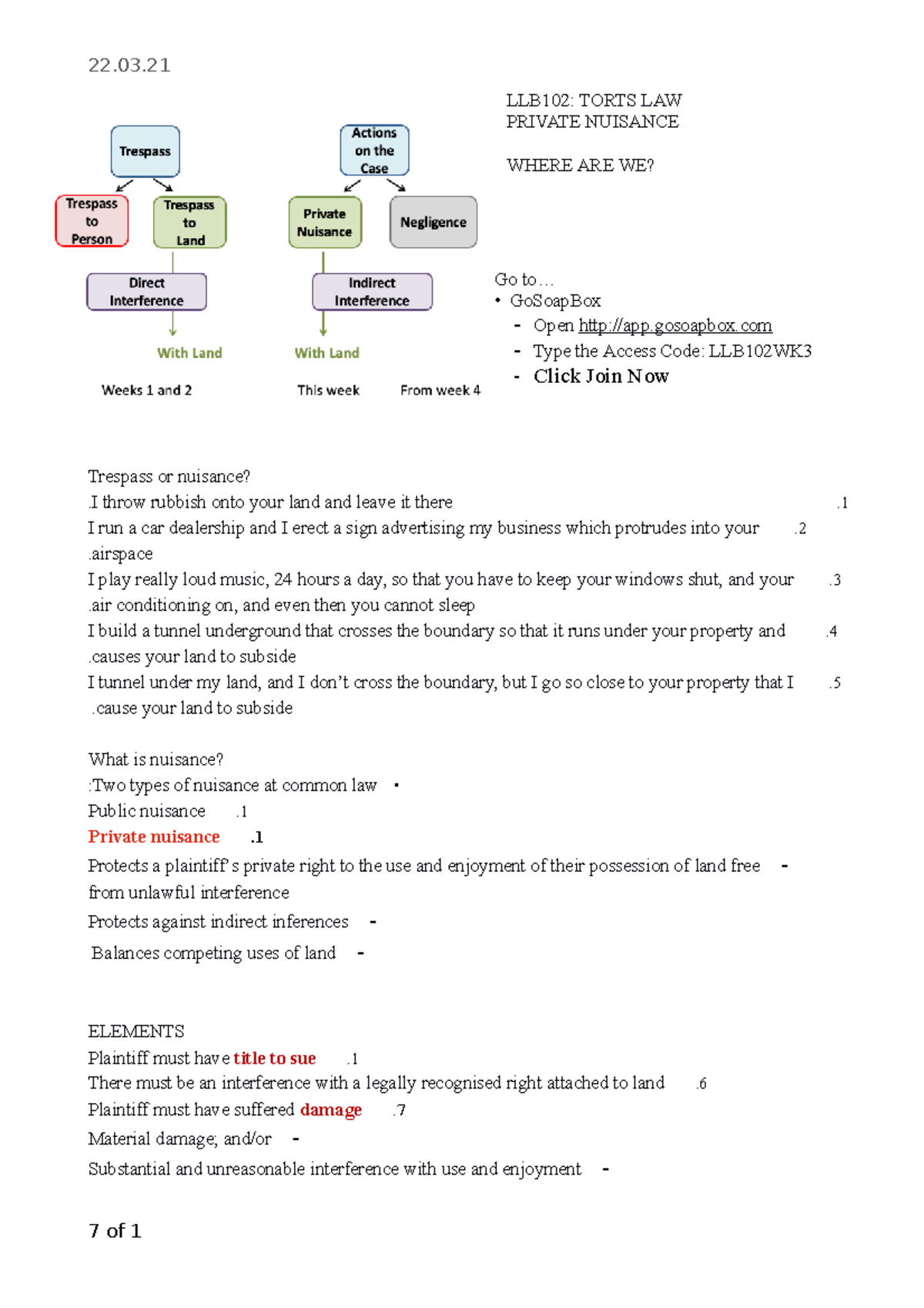 Lecture notes (private nuisance) - LLB102: TORTS LAW PRIVATE NUISANCE ...