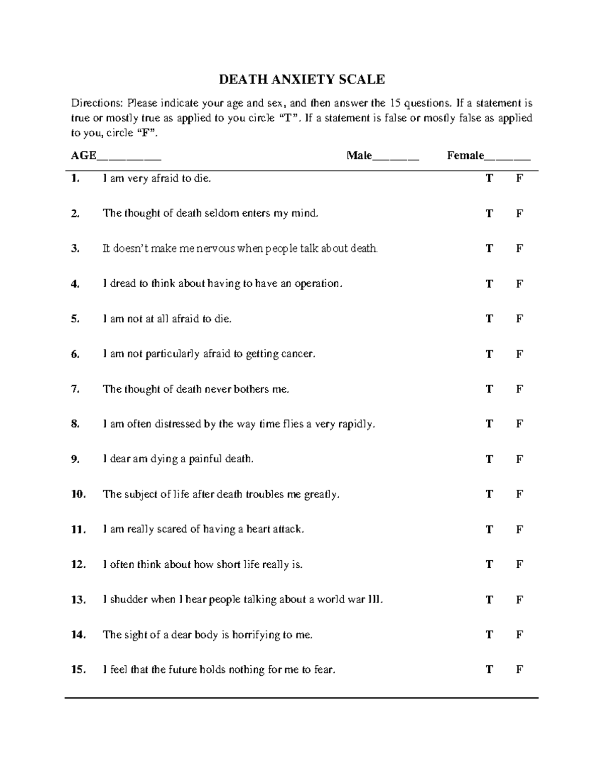 Death Anxiety Scale - DEATH ANXIETY SCALE Directions: Please Indicate ...