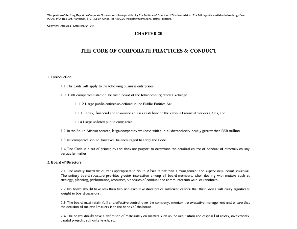 King i sa - Corporate Governance - This portion of the King Report on ...