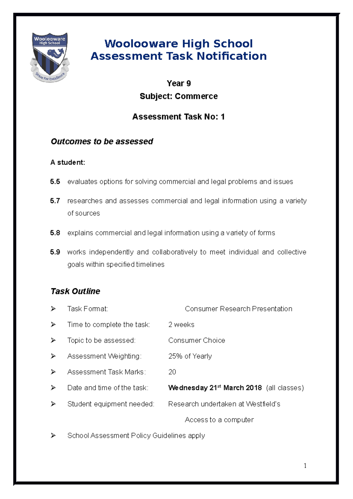 Consumer Choice assessment task 2018 - Woolooware High School ...