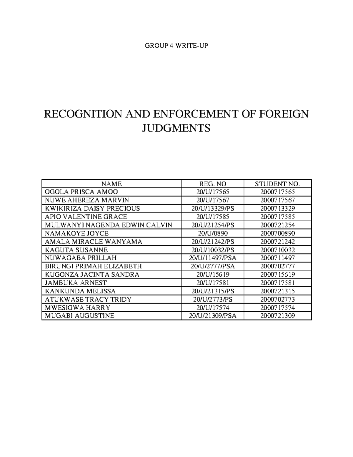 Recognition AND Enforcement OF Foreign Judgments1 GROUP 4 WRITEUP
