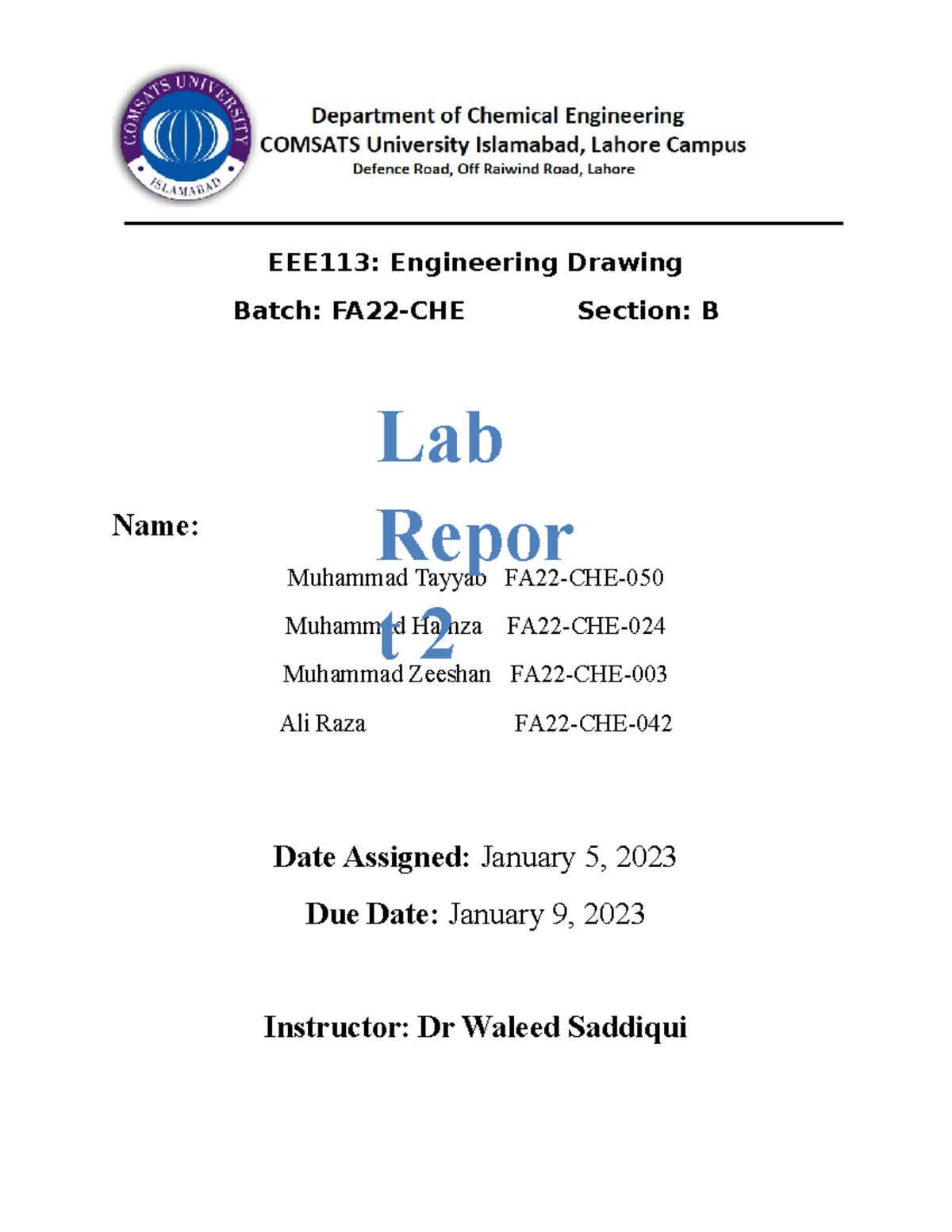 Lab repoert ED2 - Chemical Engineering - EEE113: Engineering Drawing ...