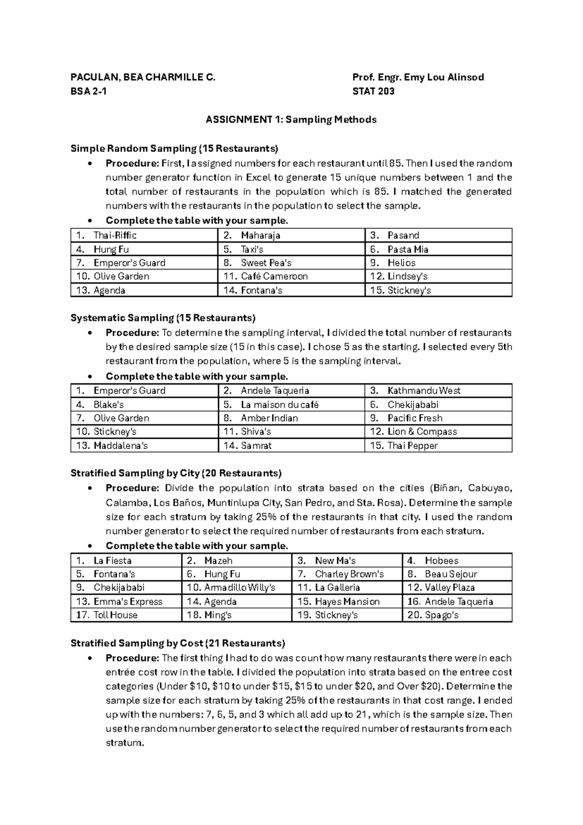 Paculan Assignment 1- Stats - PACULAN, BEA CHARMILLE C. Prof. Engr. Emy ...