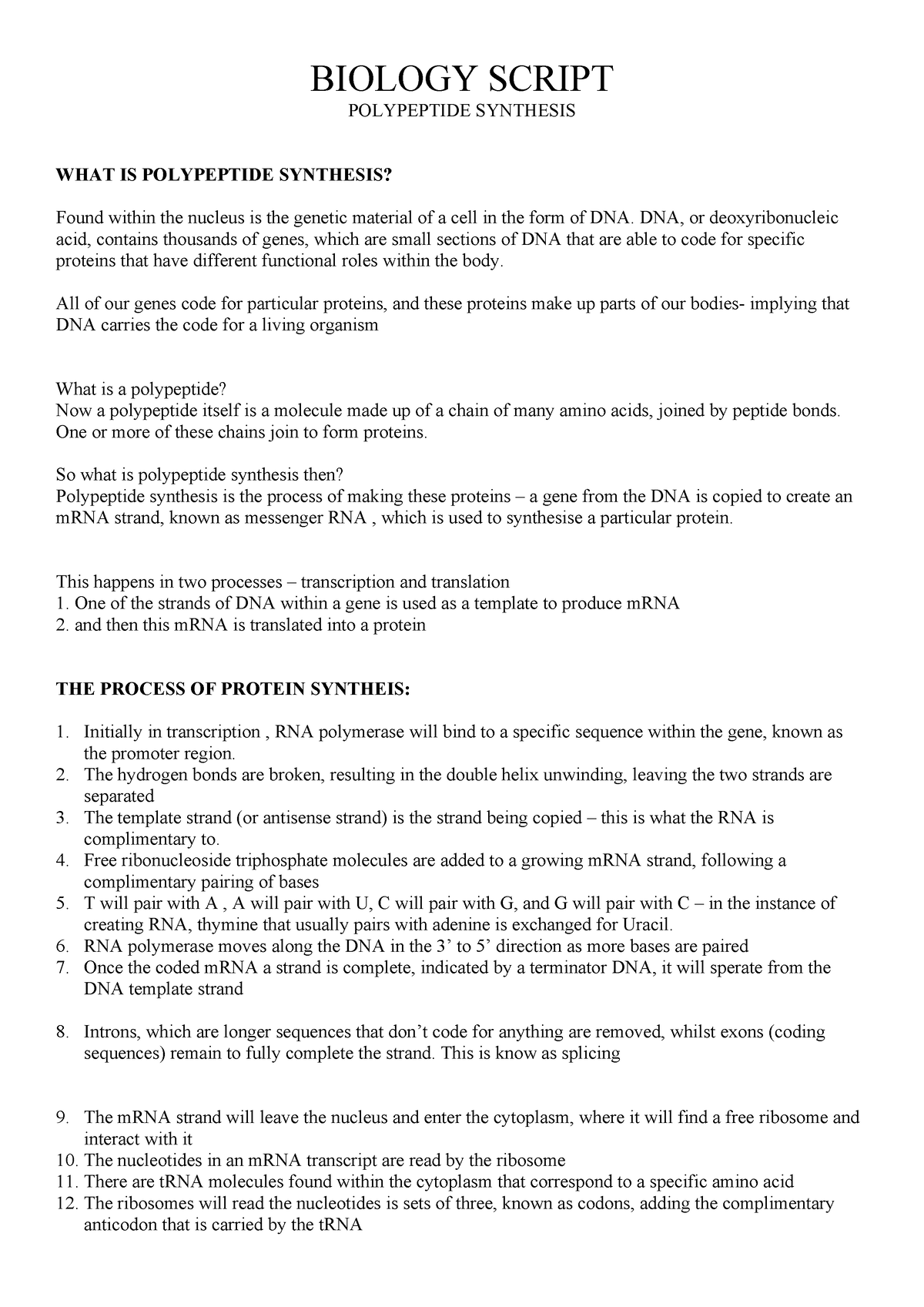 modelling Polypeptide synthesis script - BIOLOGY SCRIPT POLYPEPTIDE ...
