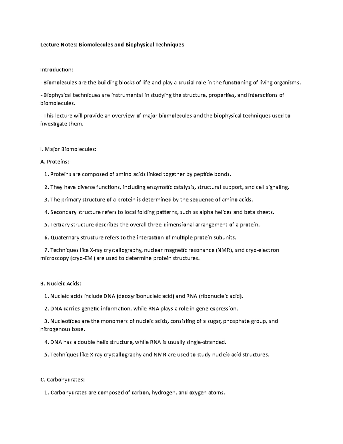Lecture Notes: Biomolecules and Biophysical Techniques - Lecture Notes ...