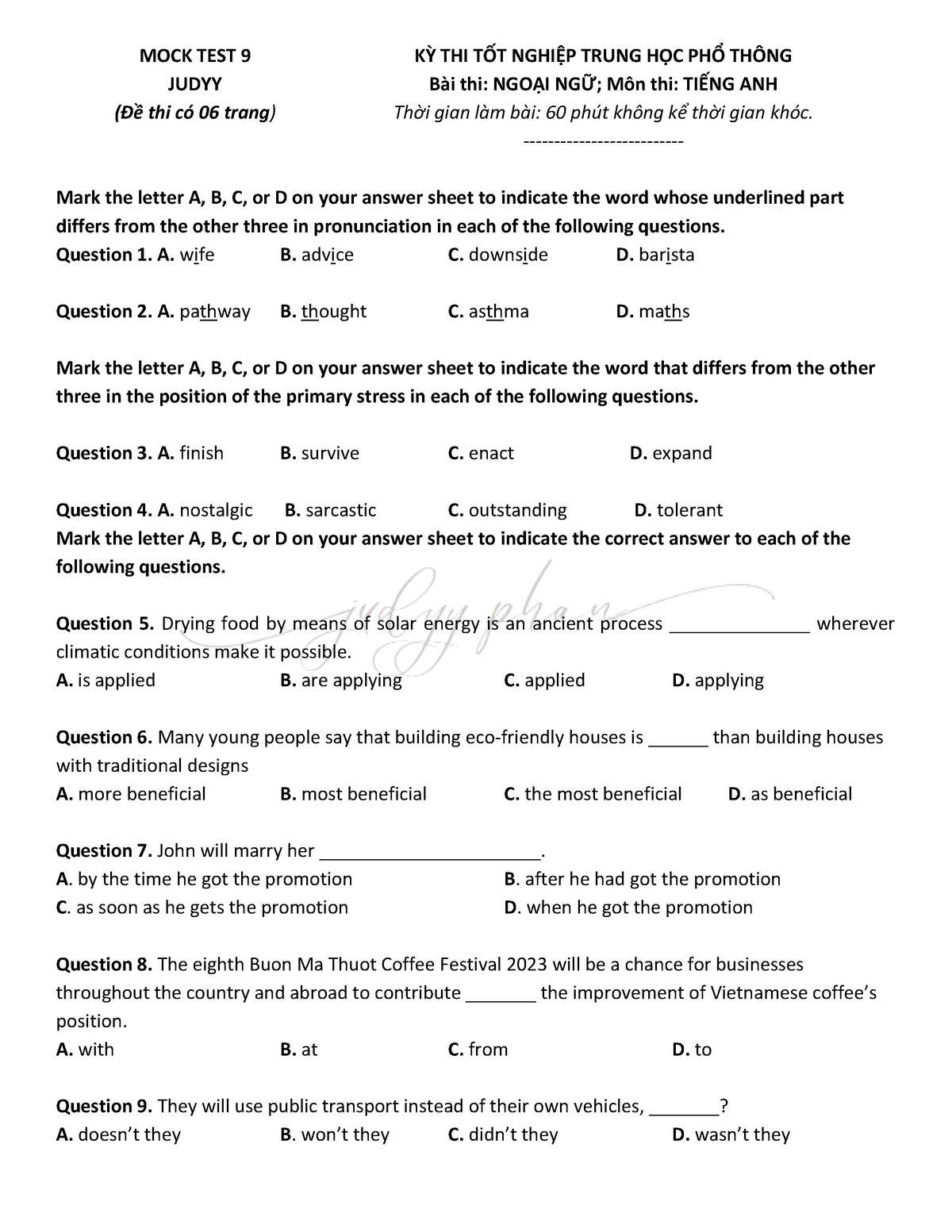 Mock Test 9 - Jdp - Mark The Letter A, B, C, Or D On Your Answer Sheet ...