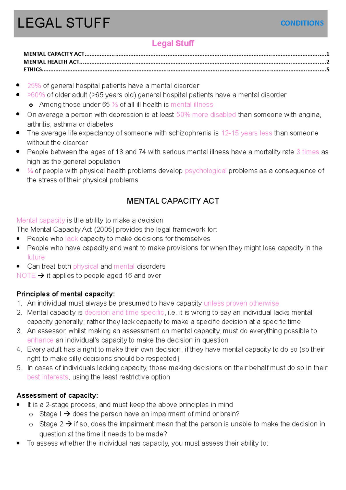 Psychiatry legal information Legal Stuff MENTAL CAPACITY Studocu