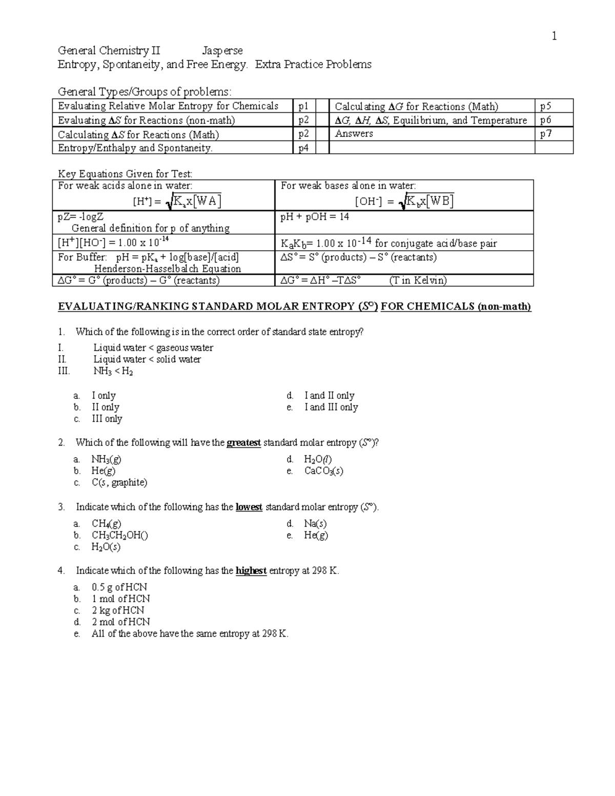 Test3ch14ThermoPractice General Chemistry II Jasperse Entropy