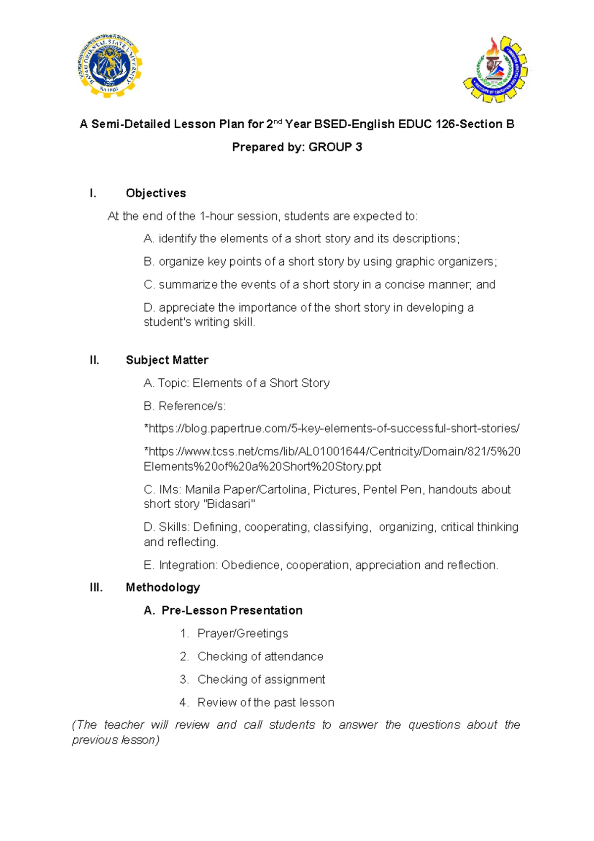 A SEMI Detailed Lesson PLAN OF A Short Story Group 3 1 A Semi 