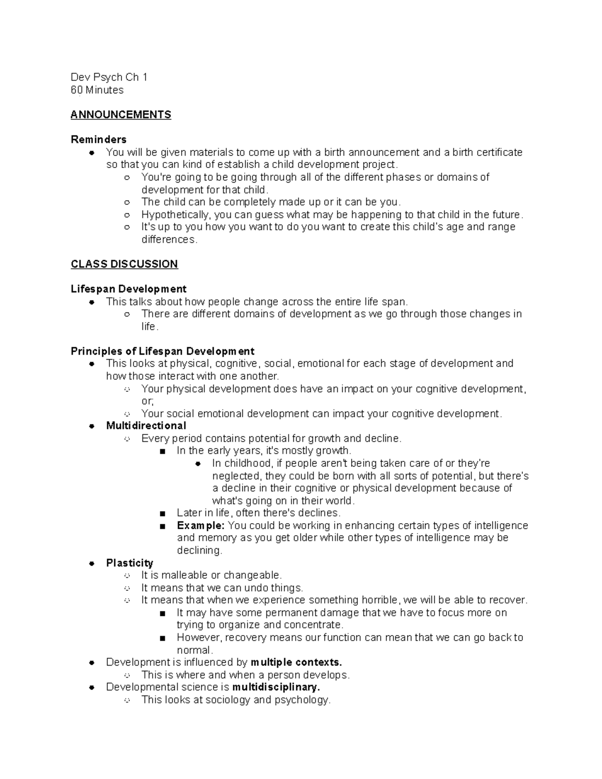 Dev Psych Ch 1 - 1st class - Dev Psych Ch 1 60 Minutes ANNOUNCEMENTS ...