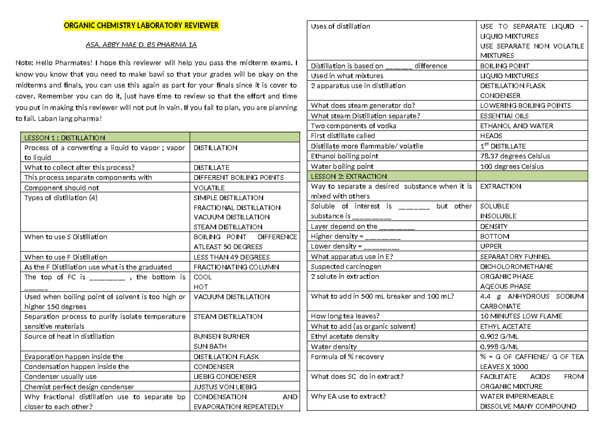 Distillation AND Extraction - ORGANIC CHEMISTRY LABORATORY REVIEWER ASA ...