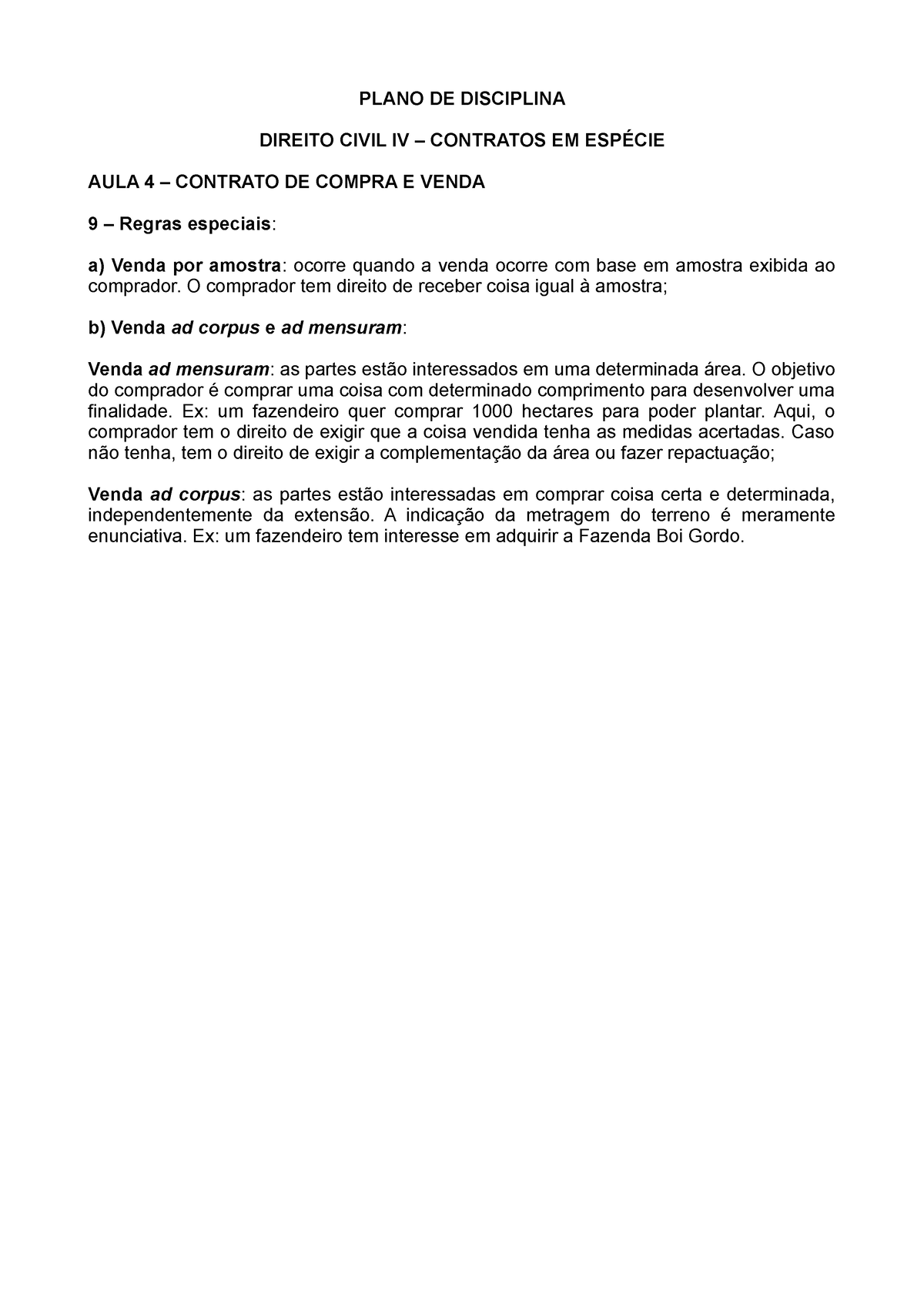 Plano De Disciplina Contratos Em Espécia Aula 4 Contrato De Compra E Venda Plano De 2371