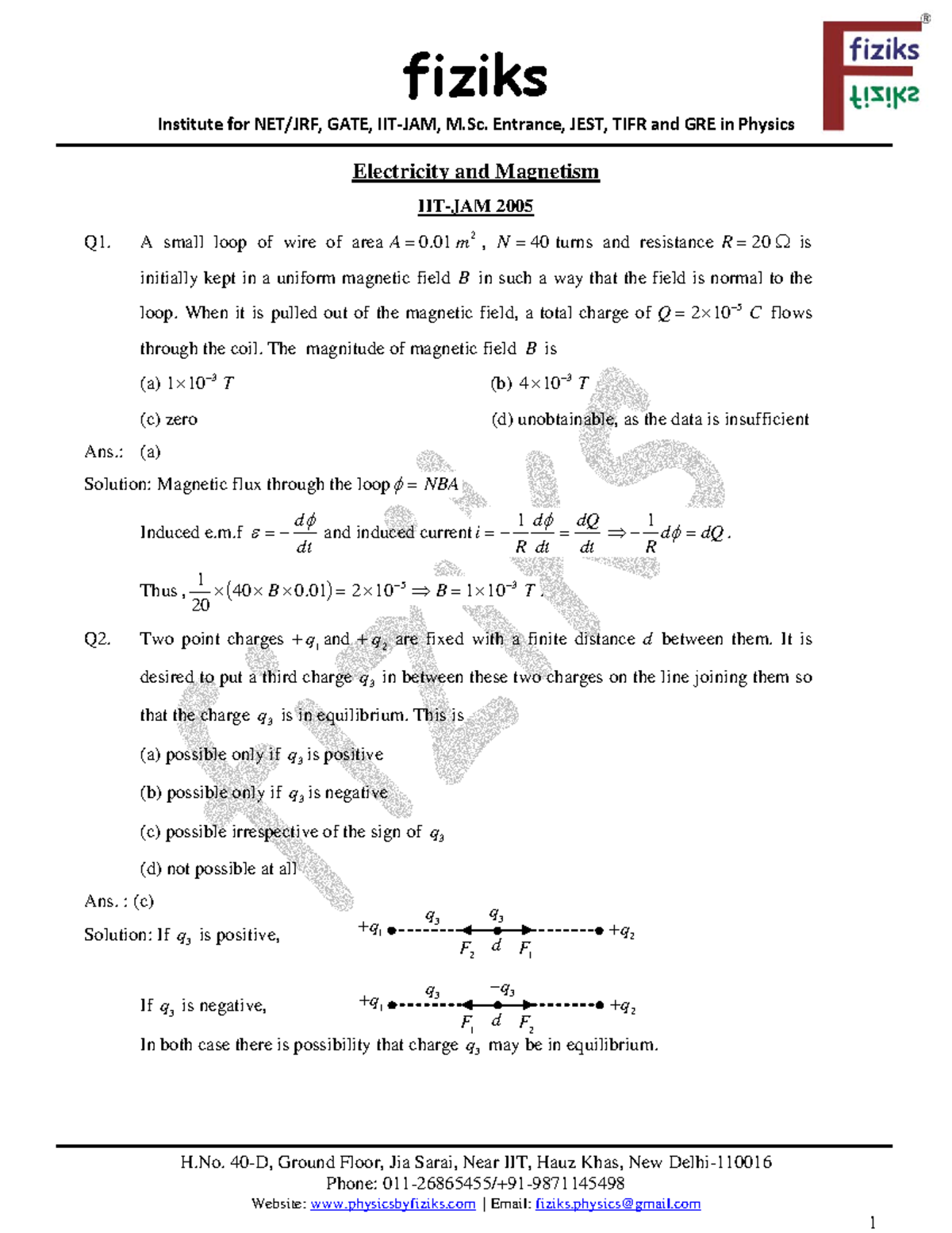 4. Electricity and Institute for NET/JRF, GATE, IIT‐JAM, M. Entrance, JEST, TIFR and