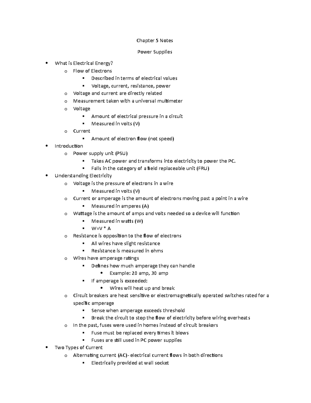 Chapter 5 Notes Power Supplies in CSS 130 with Dr. Jason James Chapter 5 Notes Power