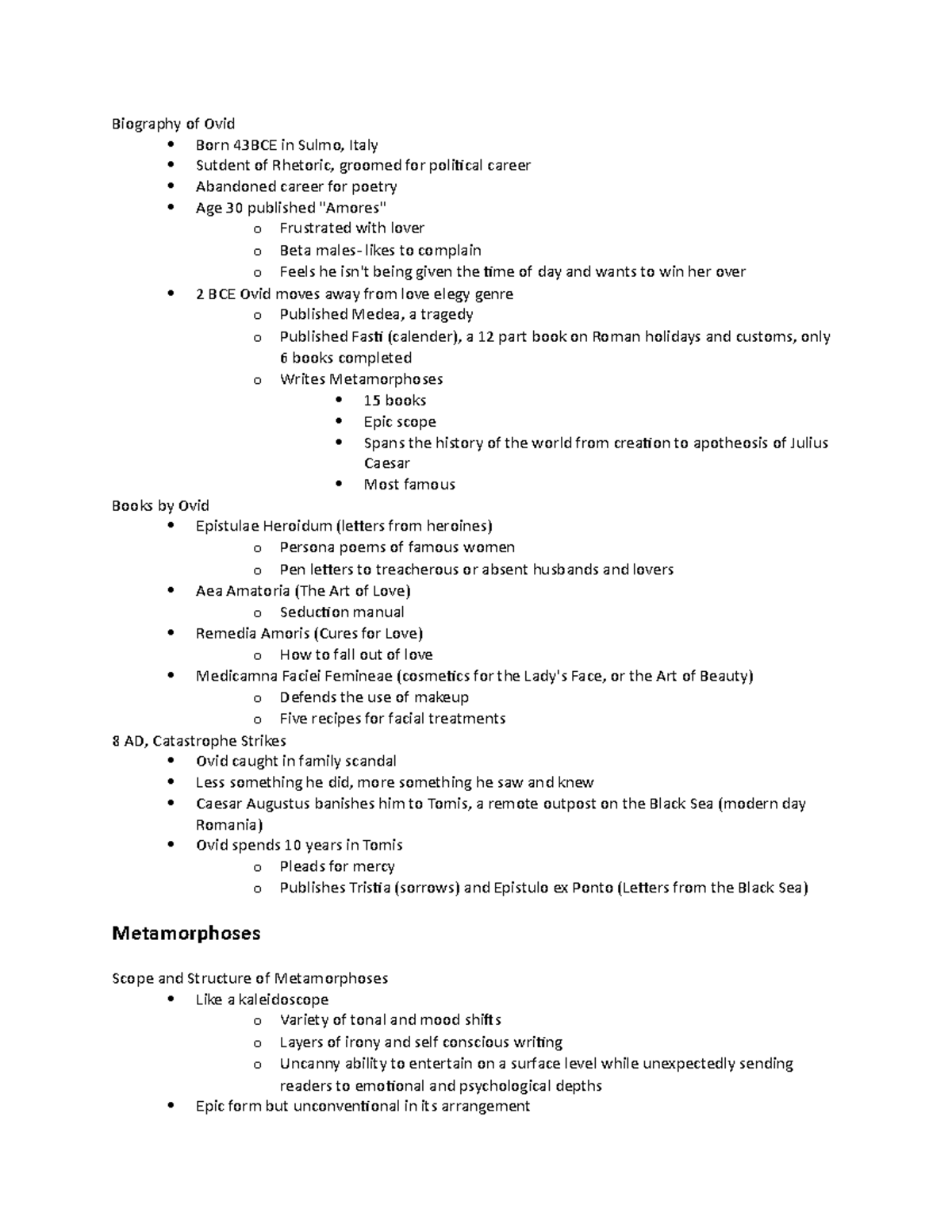 Metamorphases plot and theme notes Biography of Ovid Born 43BCE in