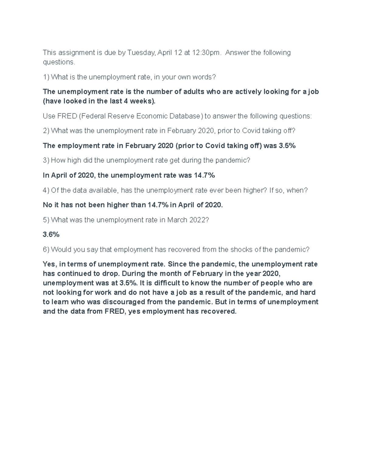 unemployment assignment answers