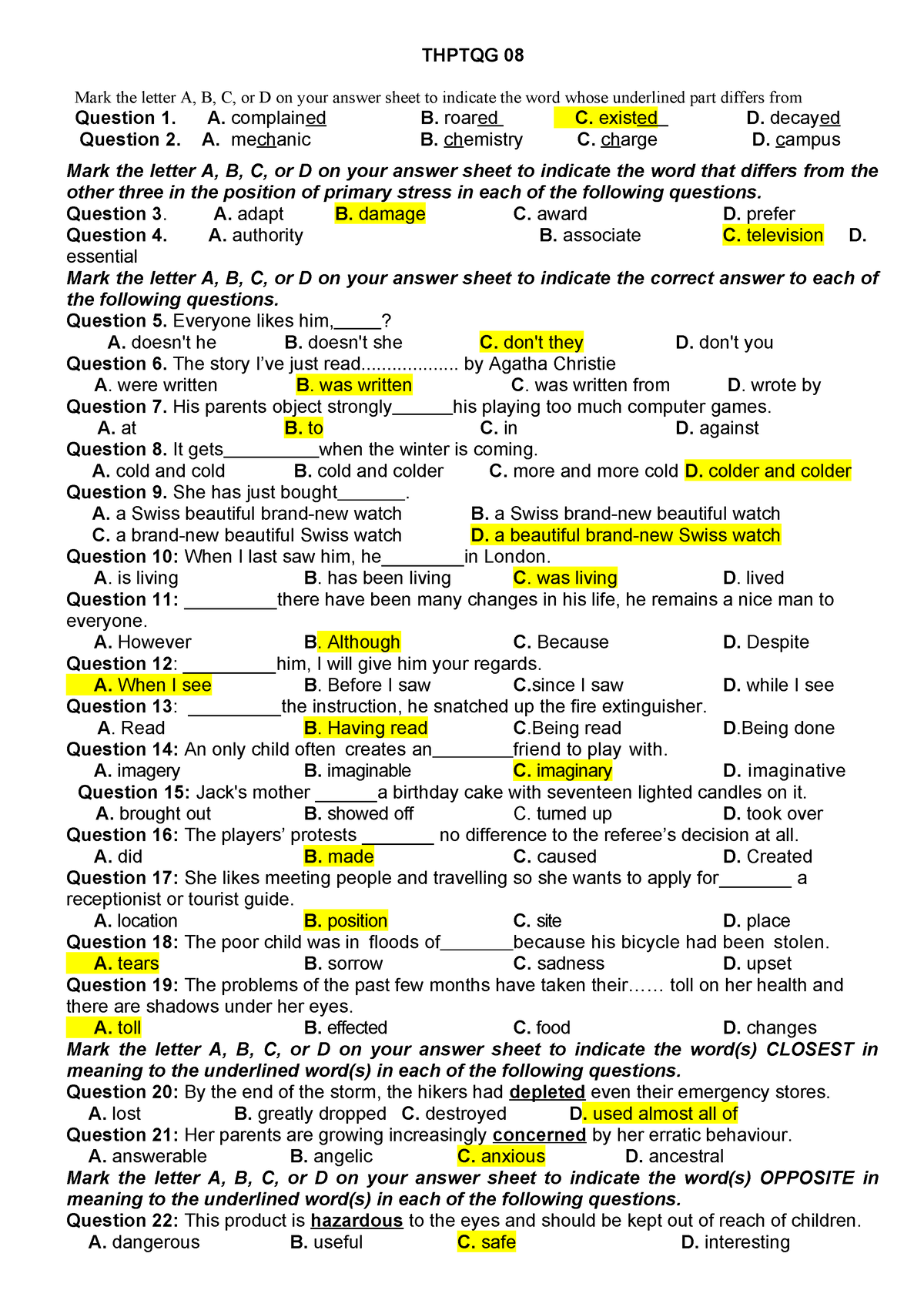 Thptqg-08-KEY - Helpful - THPTQG 08 Mark The Letter A, B, C, Or D On ...