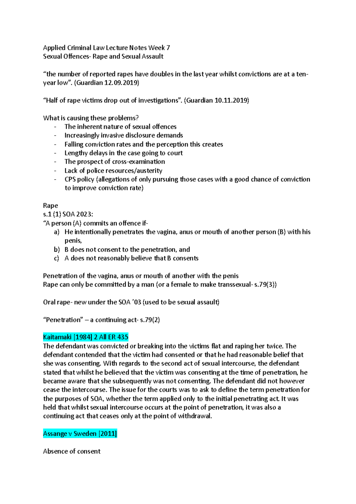 Applied Criminal Law Lecture Notes Week7 - (Guardian 12.09) “Half of ...