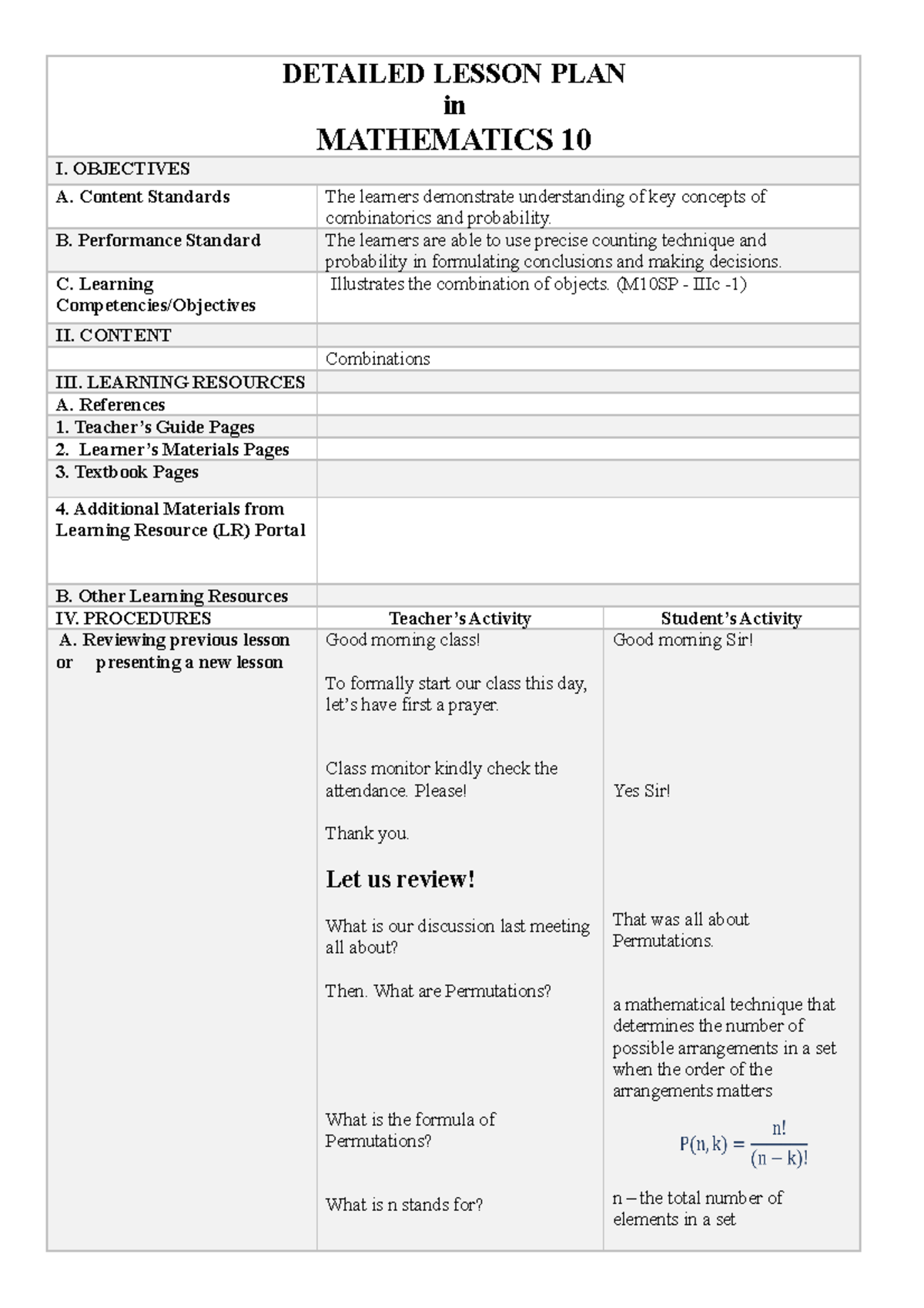 Lessonplan - no comment - DETAILED LESSON PLAN in MATHEMATICS 10 I ...