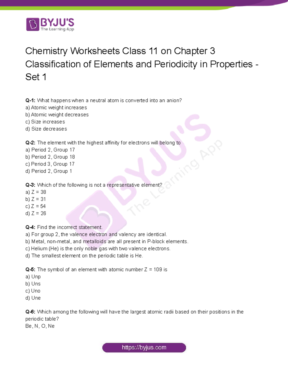 Chemistry Worksheets Class 11 on Chapter 3 Classification of Elements ...