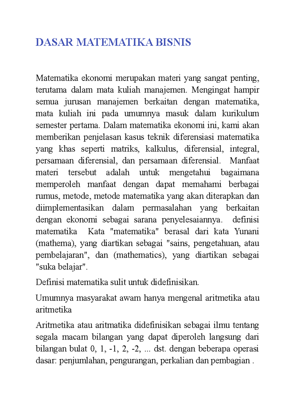 Dasar Matematika Bisnis - DASAR MATEMATIKA BISNIS Matematika Ekonomi ...