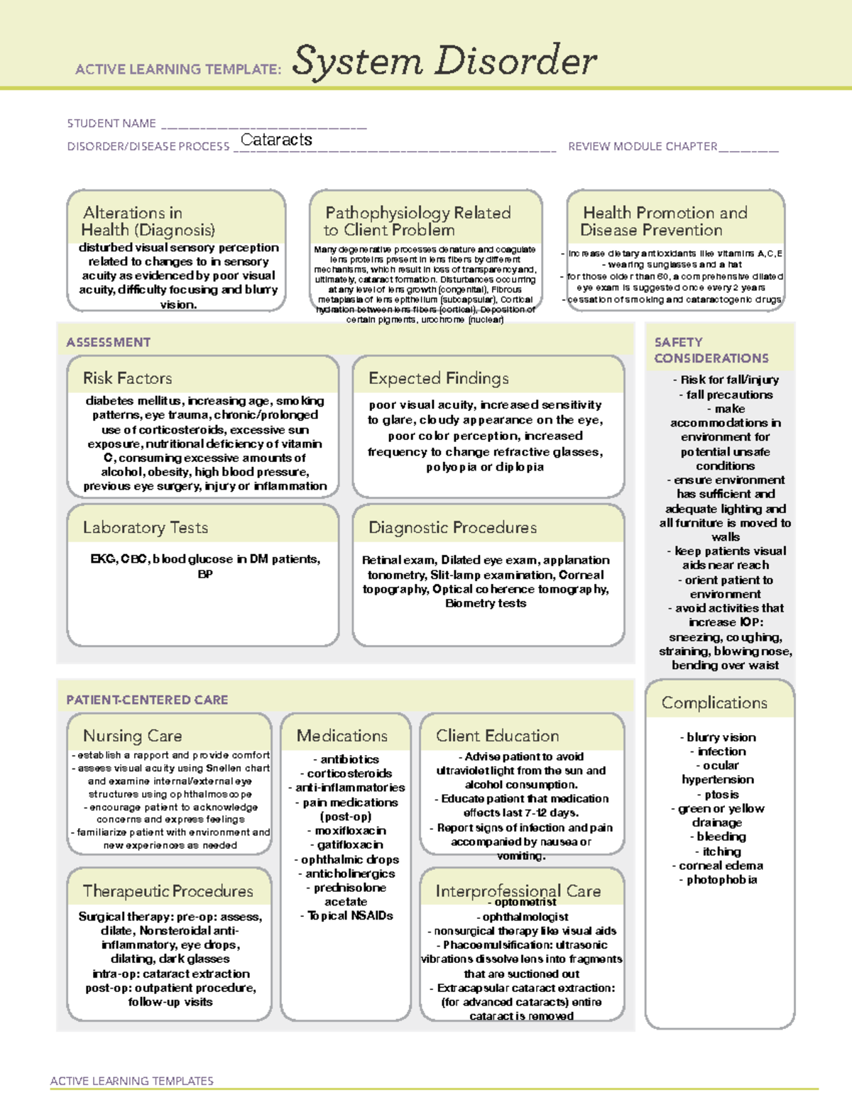 ATI Template Cataracts ACTIVE LEARNING TEMPLATES System Disorder