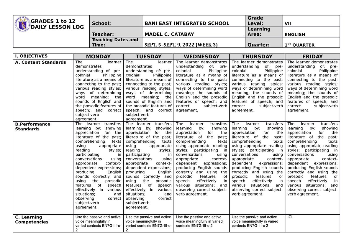 DLL English 7 WEEK 3 - GRADES 1 To 12 DAILY LESSON LOG School: BANI ...