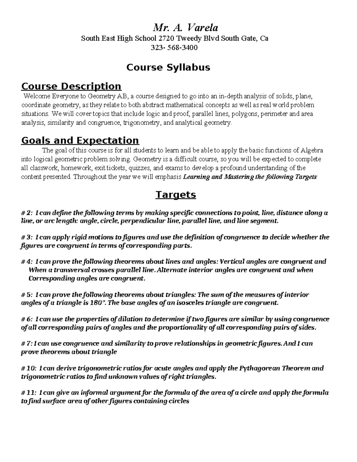 Geometry Syllabus 23-24 - Mr. A. Varela South East High School 2720 ...