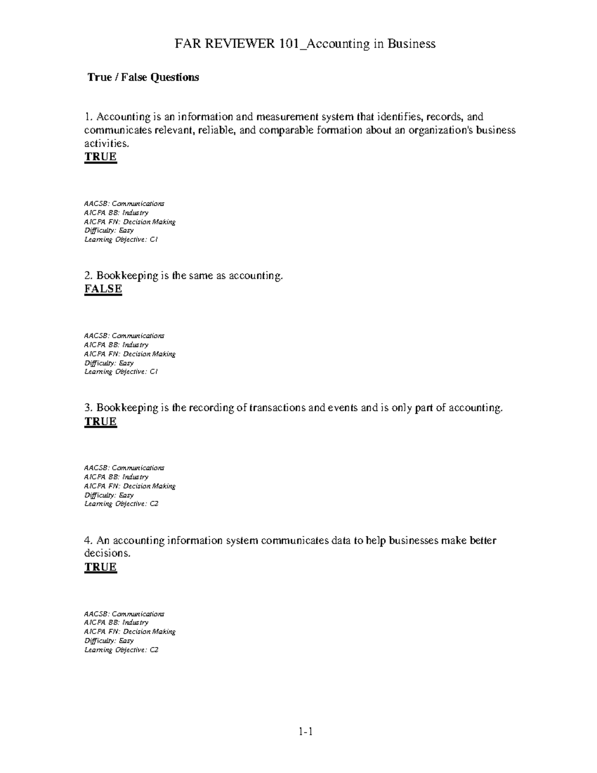 FAR-Reviewer-101 Accounting-in-Business - True / False Questions 1 ...