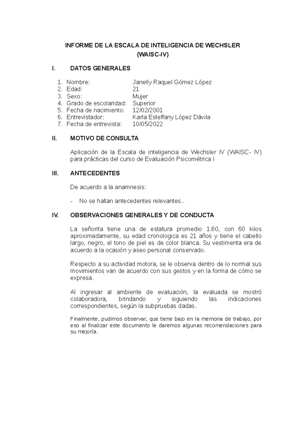 Informe WAIS - INFORME DE LA ESCALA DE INTELIGENCIA DE WECHSLER (WAISC ...