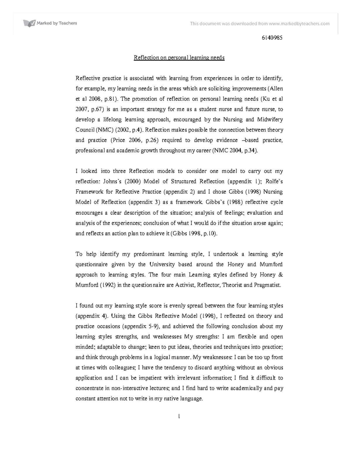 Reflection on personal learning needs - 5HIOHFWLRQ RQ SHUVRQDO OHDUQLQJ ...