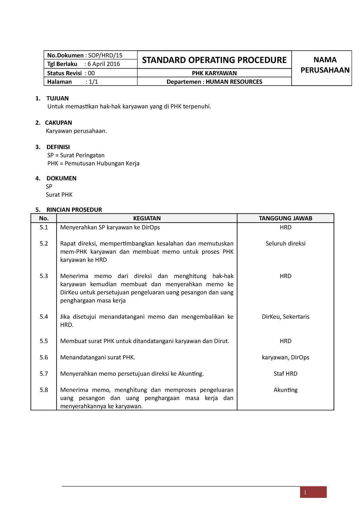 Sop Phk Karyawan No Sop Hrd Standard Operating Procedure Nama Hot Sex