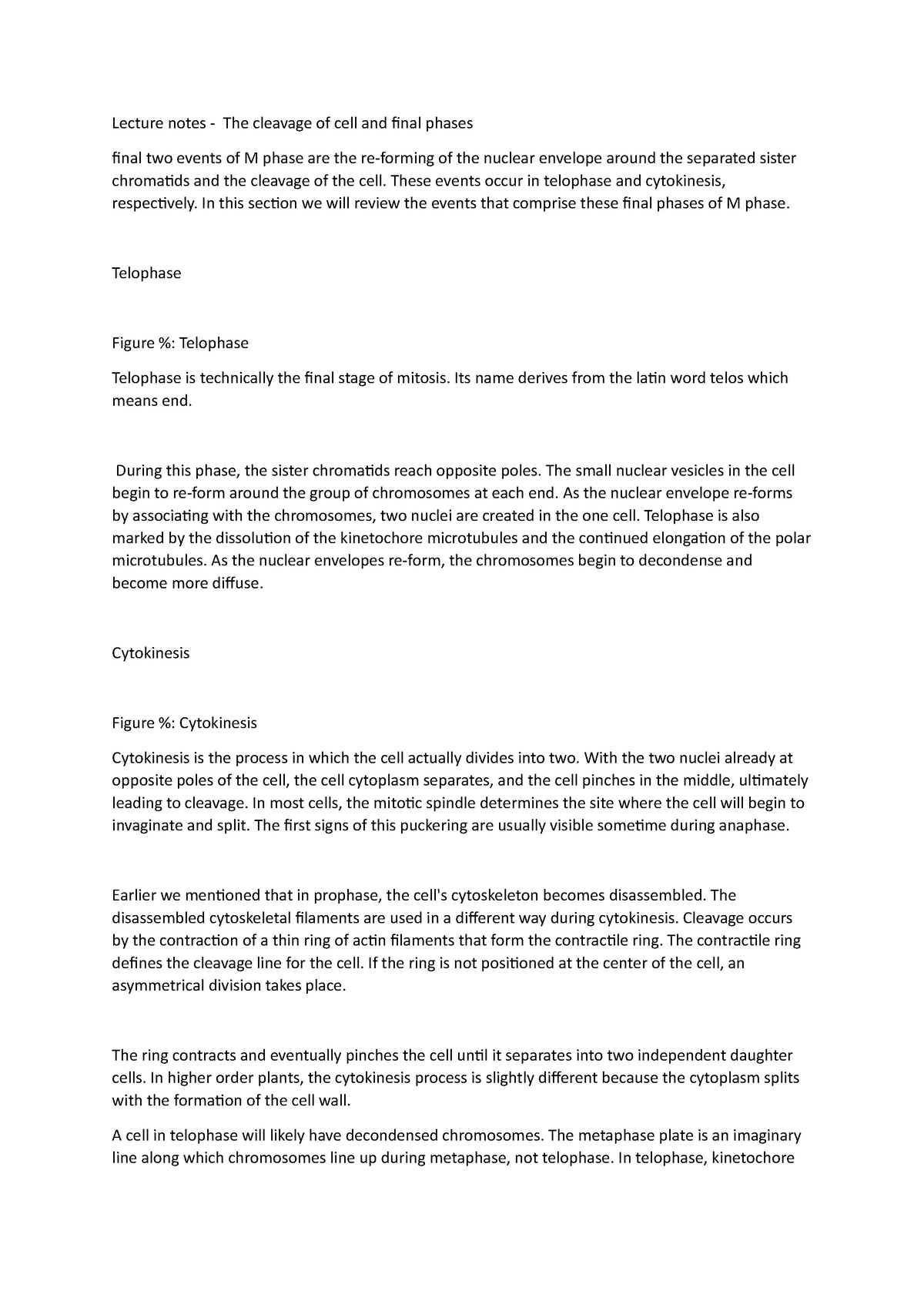 Lecture notes - The cleavage of cell and final phases - These events ...