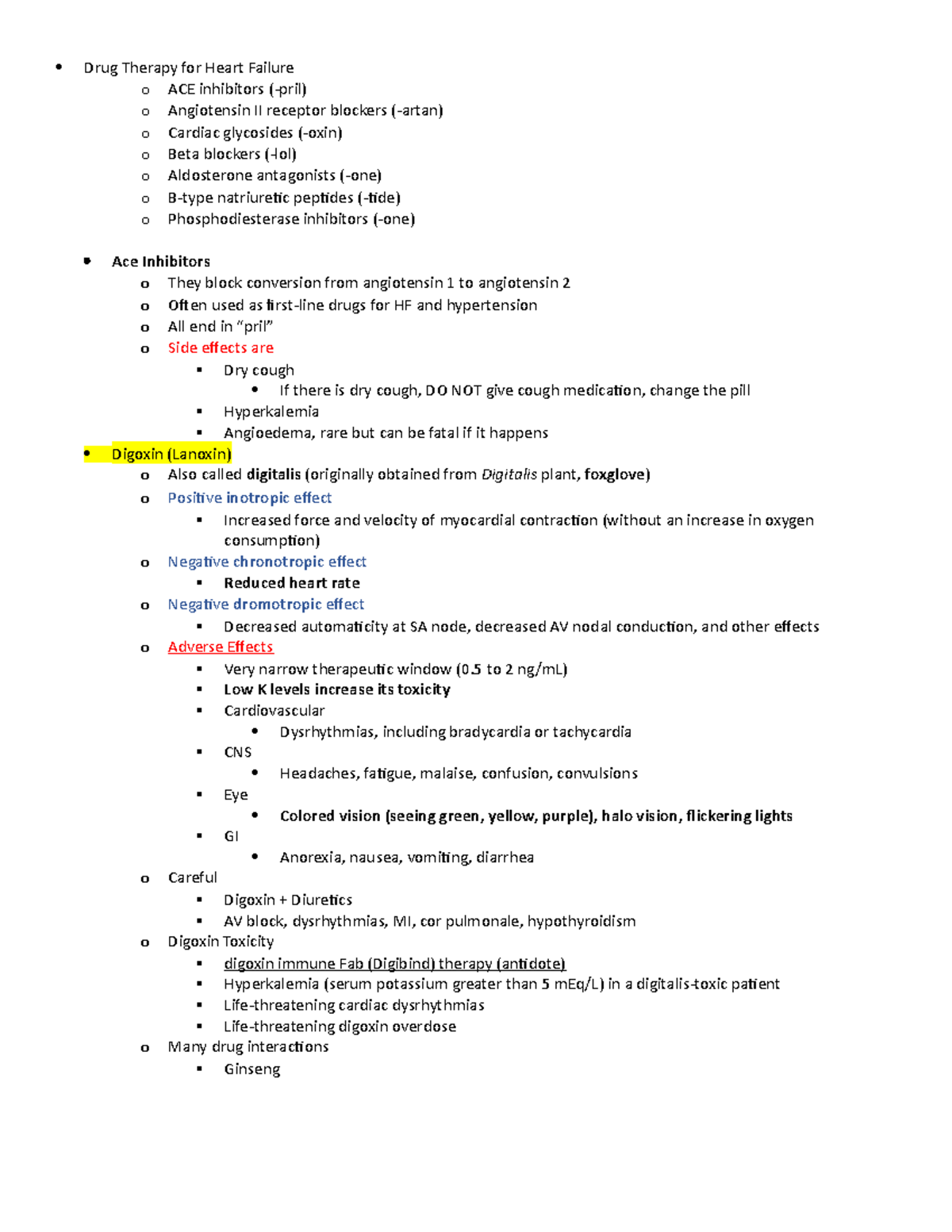 Quiz 5 Study Guide Pharm - Drug Therapy for Heart Failure o ACE ...