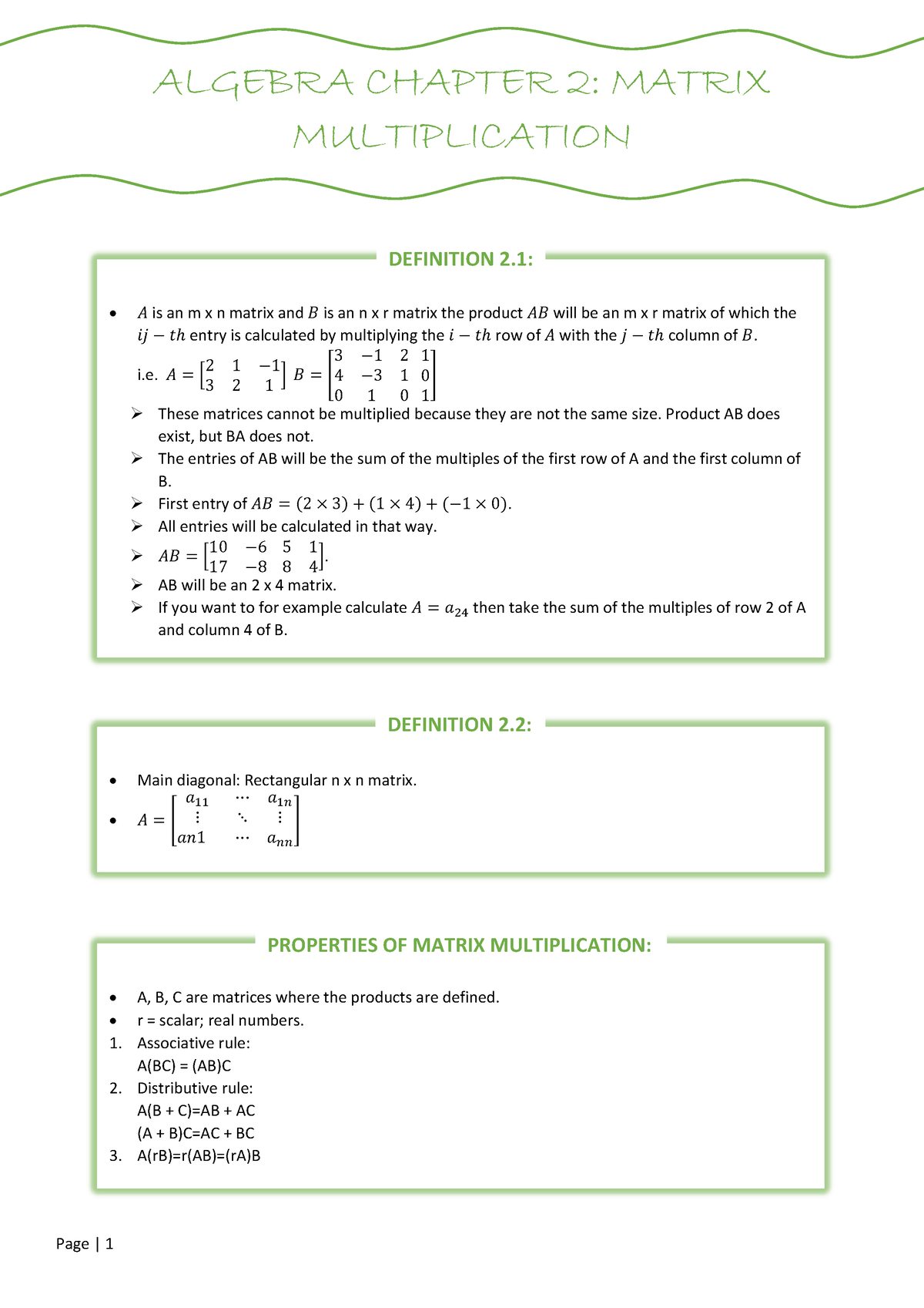 Algebra Chapter 2 - Page | 1 ALGEBRA CHAPTER 2: MATRIX MULTIPLICATION 𝐴 ...