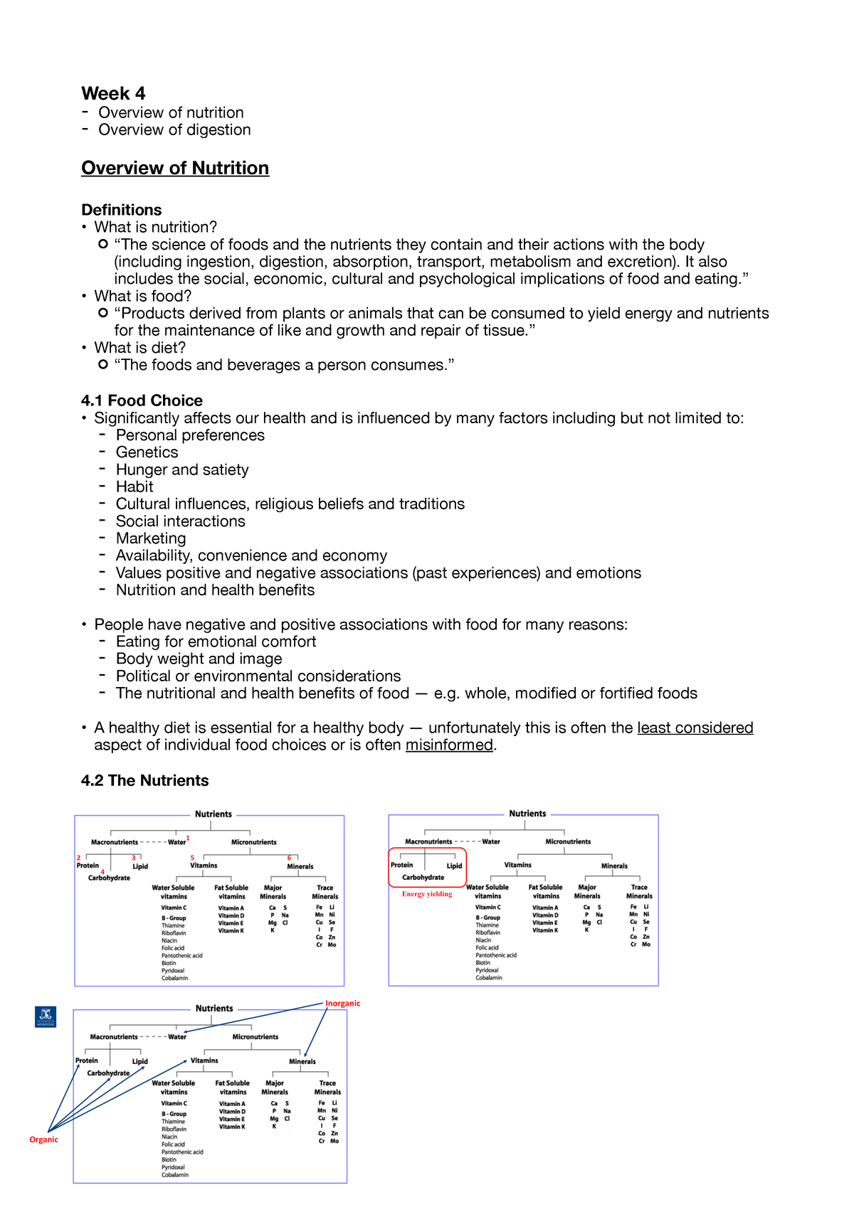 Food Nutrition week 4 week 7 notes Week 4 Overview of nutrition