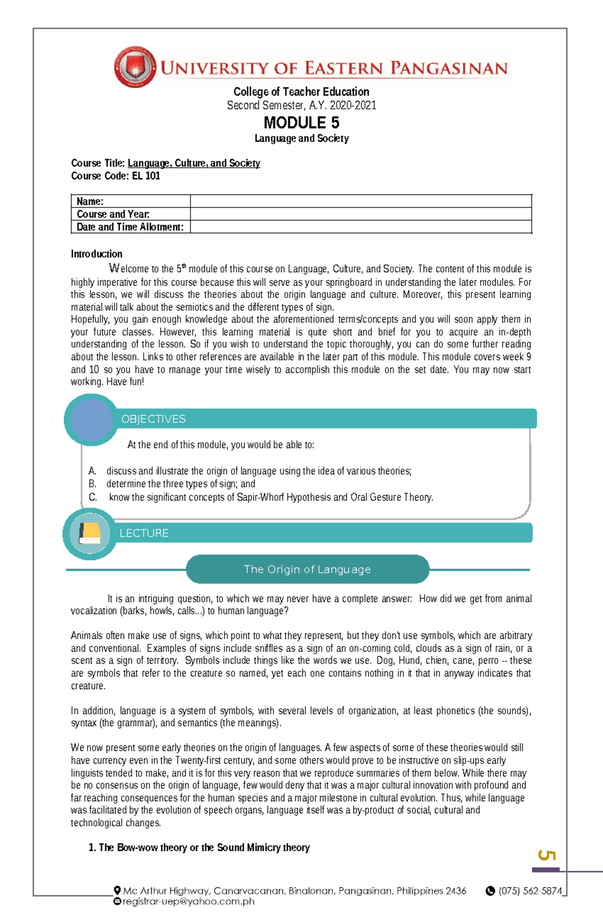 Module 5 - 5 OBJECTIVES LECTURE College of Teacher Education Second ...