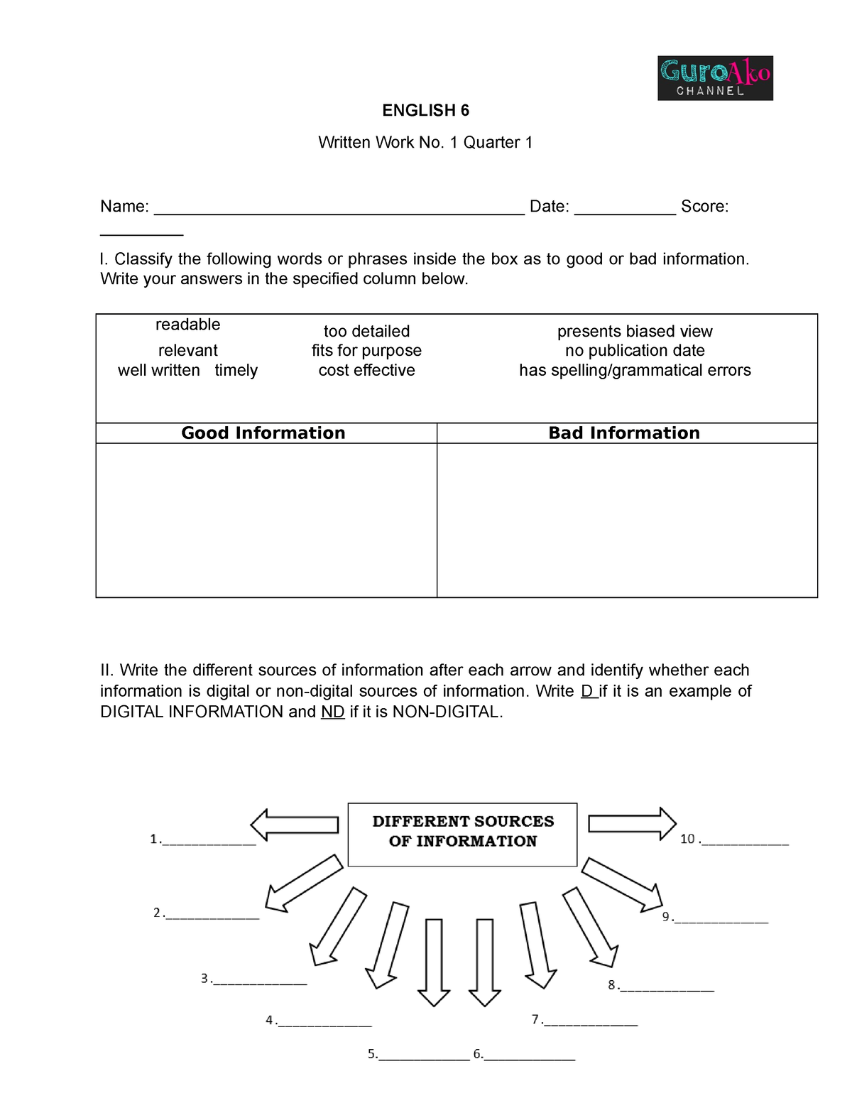 English 6 ST - ENGLISH 6 Written Work No. 1 Quarter 1 Name