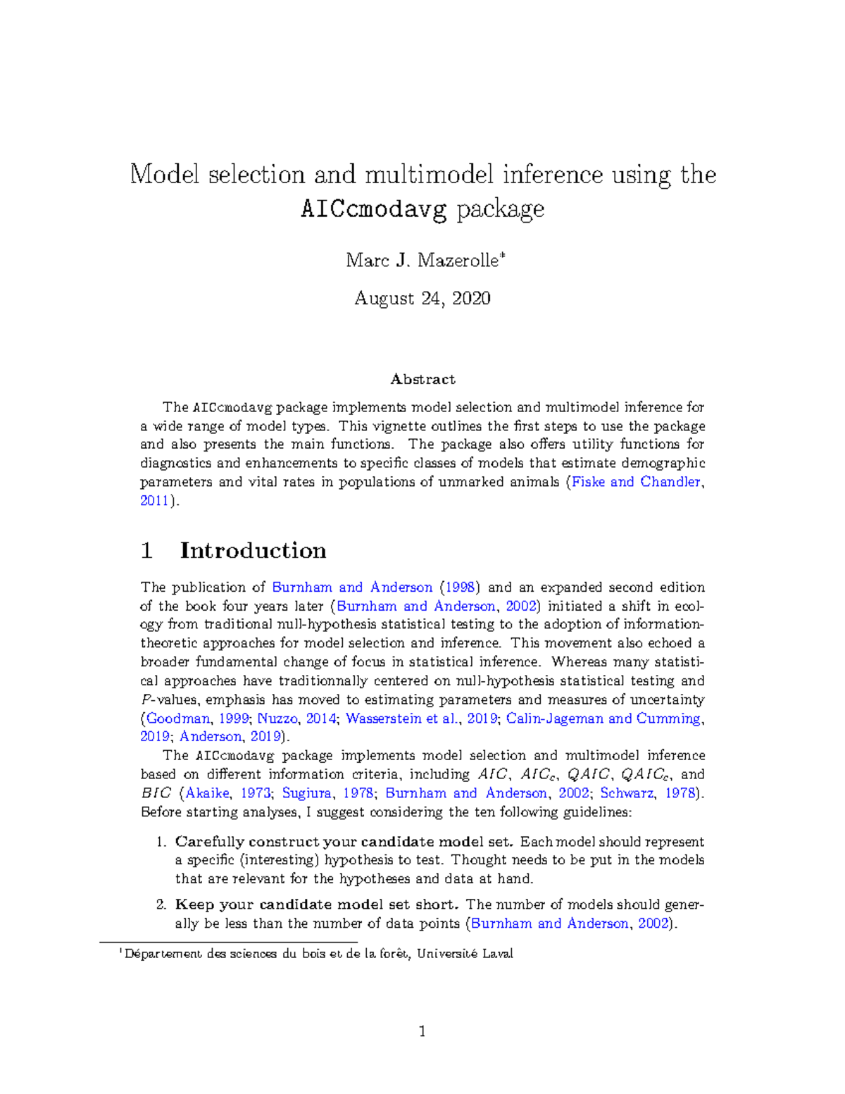 AICcmodavg - AIC - Model selection and multimodel inference using