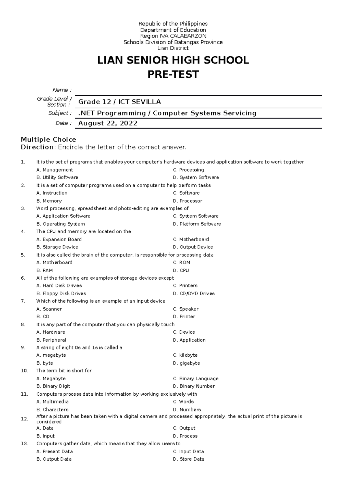Pre-Test - asd - Republic of the Philippines Department of Education ...