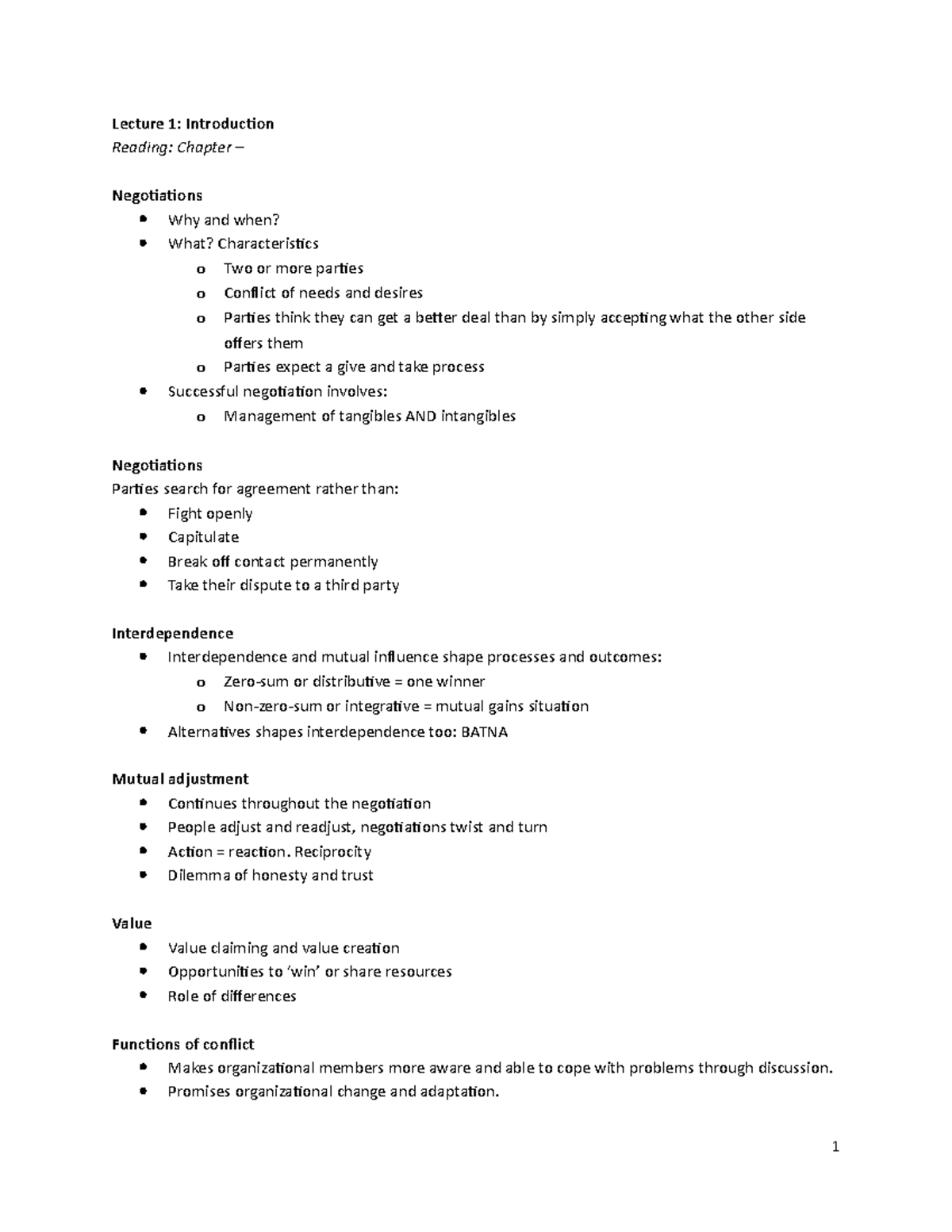 Summary Negotiation strategies: Lecture(s) 1-8 rn - Lecture 1 ...