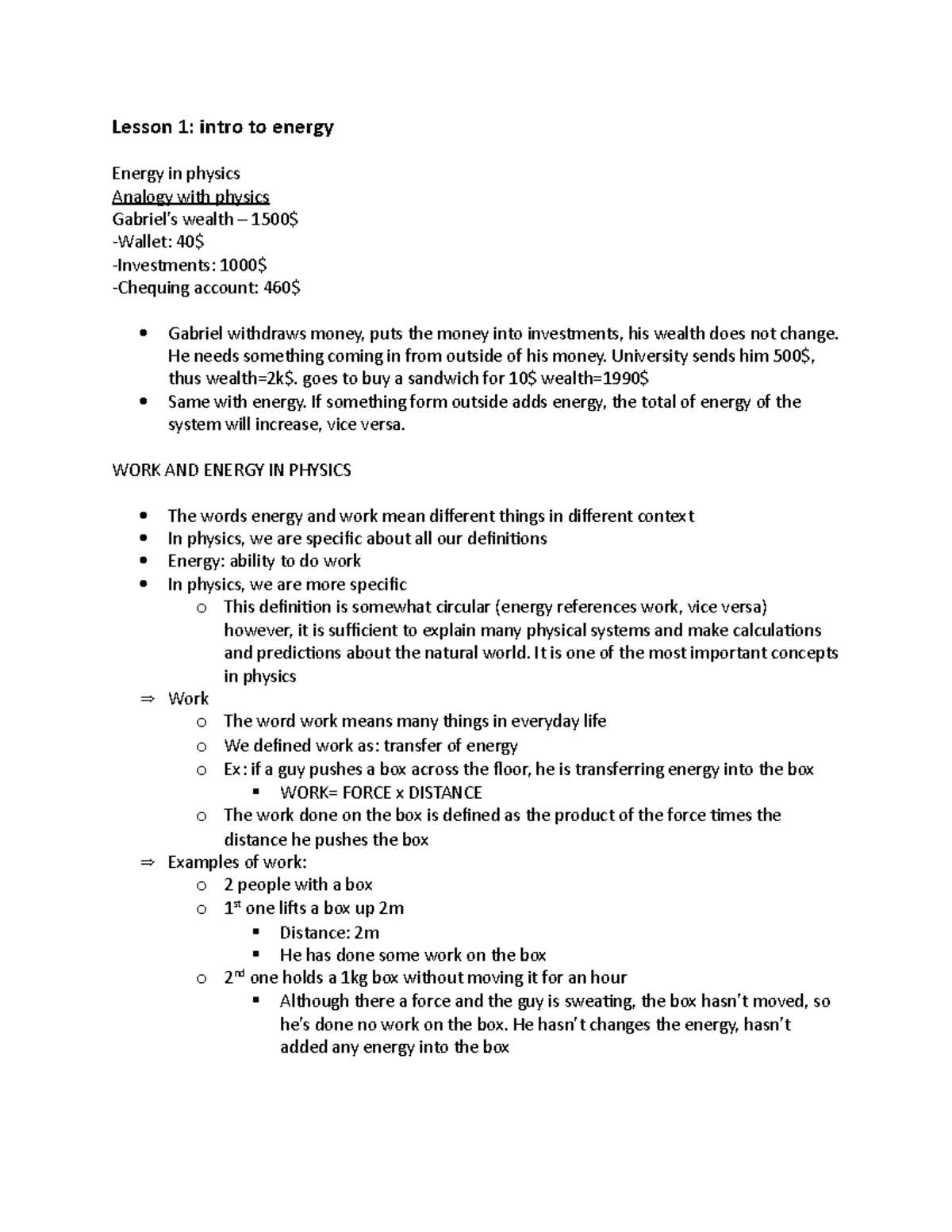Lesson 1 PHYS273 - Lecture notes 1 - Lesson 1: intro to energy Energy ...