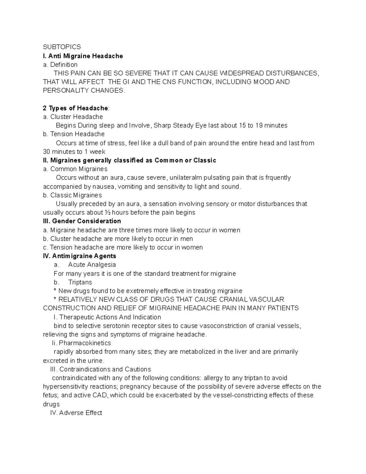 Antimigraine headache - SUBTOPICS I. Anti Migraine Headache a ...