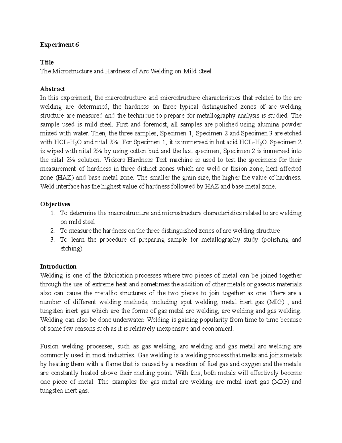 Lab Report The Microstructure and Hardness of Arc Welding on Mild