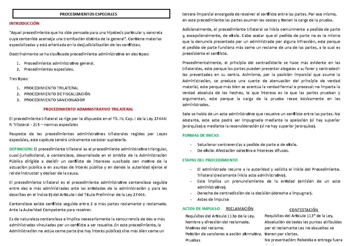 PROCEDIMIENTO ADMINISTRATIVO ESPECIAL - PROCEDIMIENTOS ESPECIALES  INTRODUCCIÓN “Aquel procedimiento - Studocu